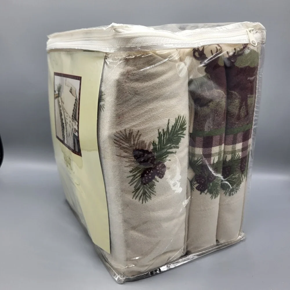 Woolrich Flannel Sheet Set Queen 4pc Moose Mountain Cabin Scenic Cream Green Red